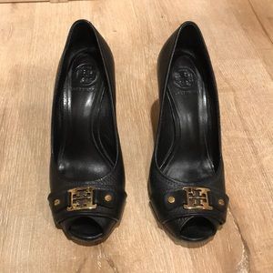 Tory Burch black leather wedges